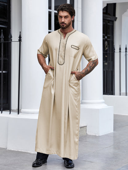 Ramadan Islam Muslim Men Clothing Abaya Embroidered Short Sleeve Robe, Middle Eastern Arab Dubai Style Traditional Shirt Thobe 188-2