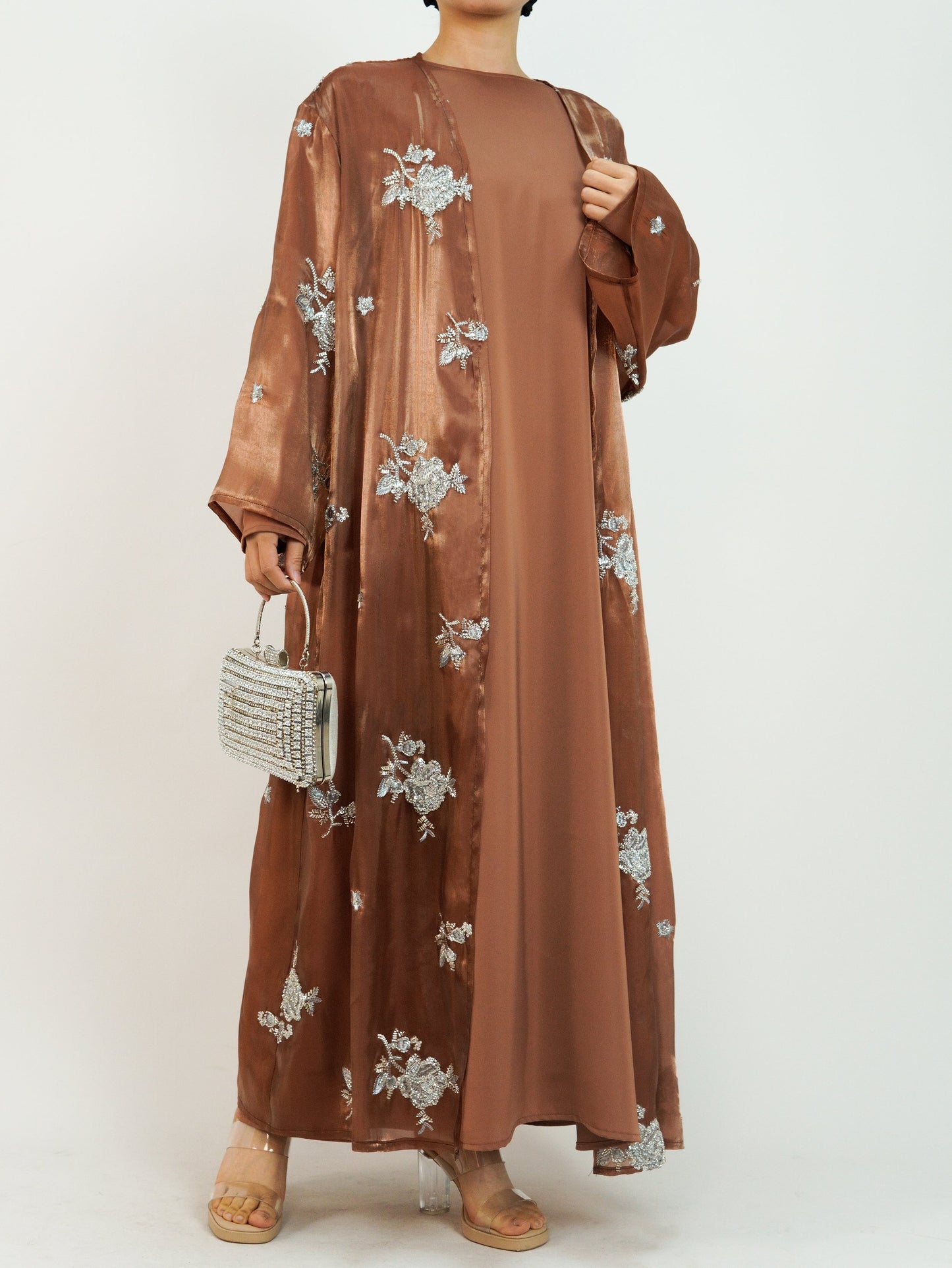 Wholesale Silver Rose Organza Beaded Embroidered Abaya Set MSL888 - OEM ODM Modest Wear Factory