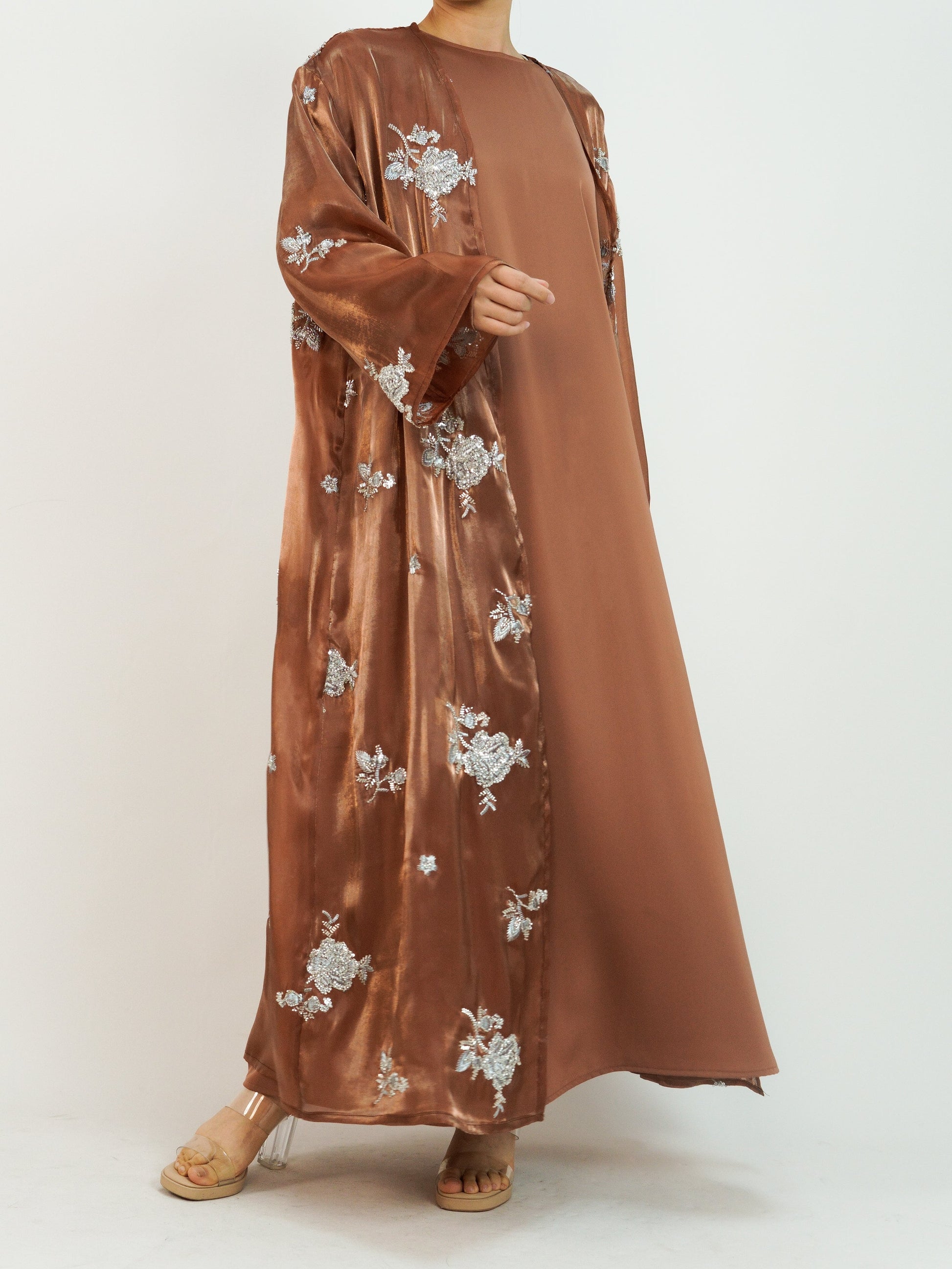 Wholesale Silver Rose Organza Beaded Embroidered Abaya Set MSL888 - OEM ODM Modest Wear Factory