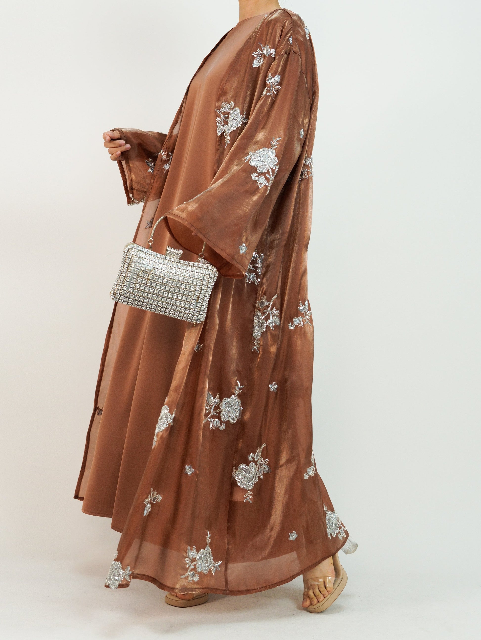Wholesale Silver Rose Organza Beaded Embroidered Abaya Set MSL888 - OEM ODM Modest Wear Factory