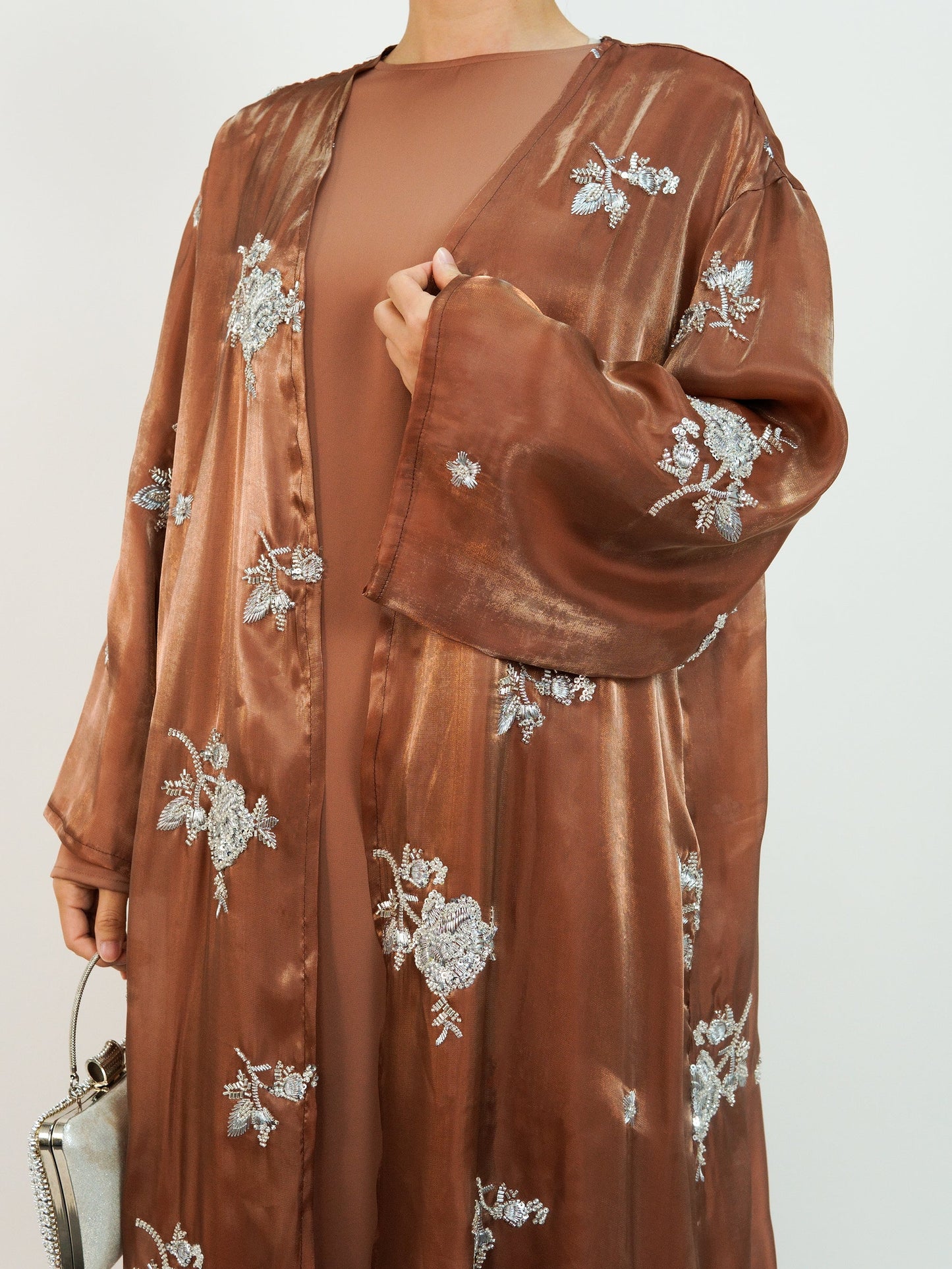 Wholesale Silver Rose Organza Beaded Embroidered Abaya Set MSL888 - OEM ODM Modest Wear Factory