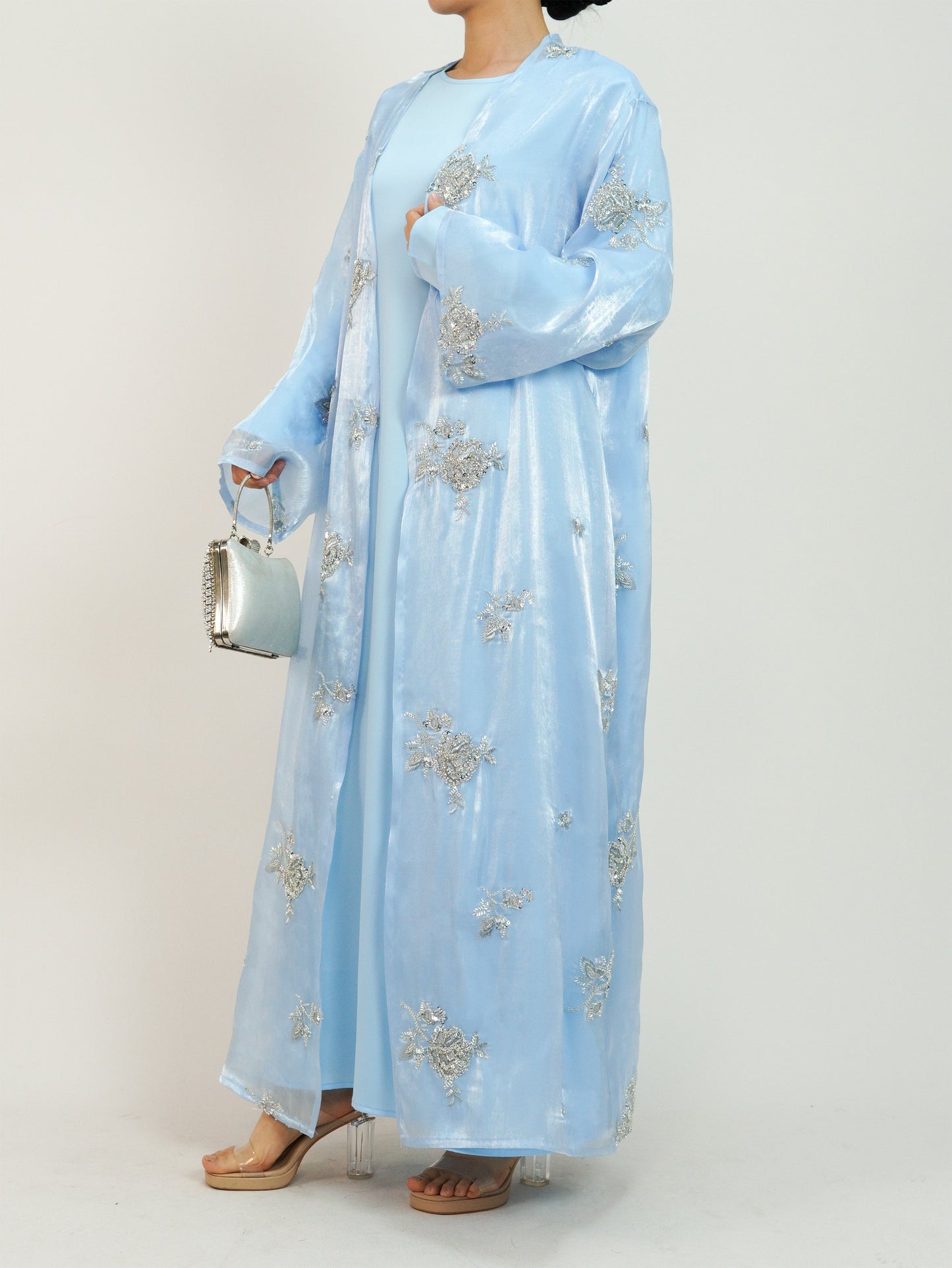 Wholesale Silver Rose Organza Beaded Embroidered Abaya Set MSL888 - OEM ODM Modest Wear Factory