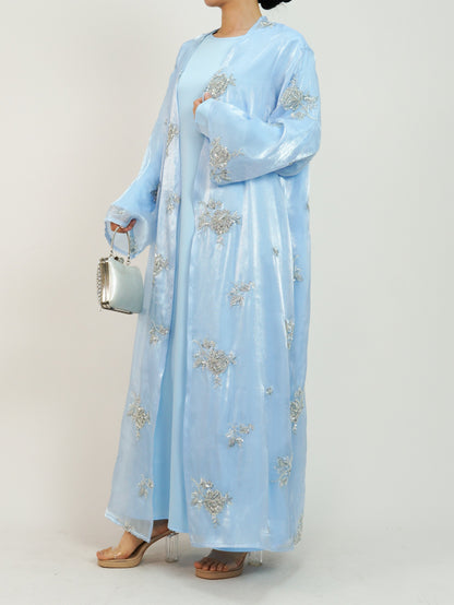 Wholesale Silver Rose Organza Beaded Embroidered Abaya Set MSL888 - OEM ODM Modest Wear Factory