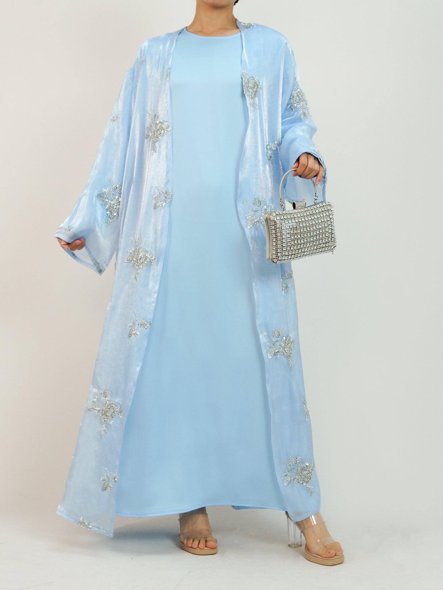 Wholesale Silver Rose Organza Beaded Embroidered Abaya Set MSL888 - OEM ODM Modest Wear Factory