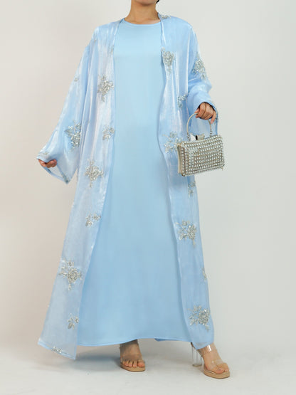 Wholesale Silver Rose Organza Beaded Embroidered Abaya Set MSL888 - OEM ODM Modest Wear Factory