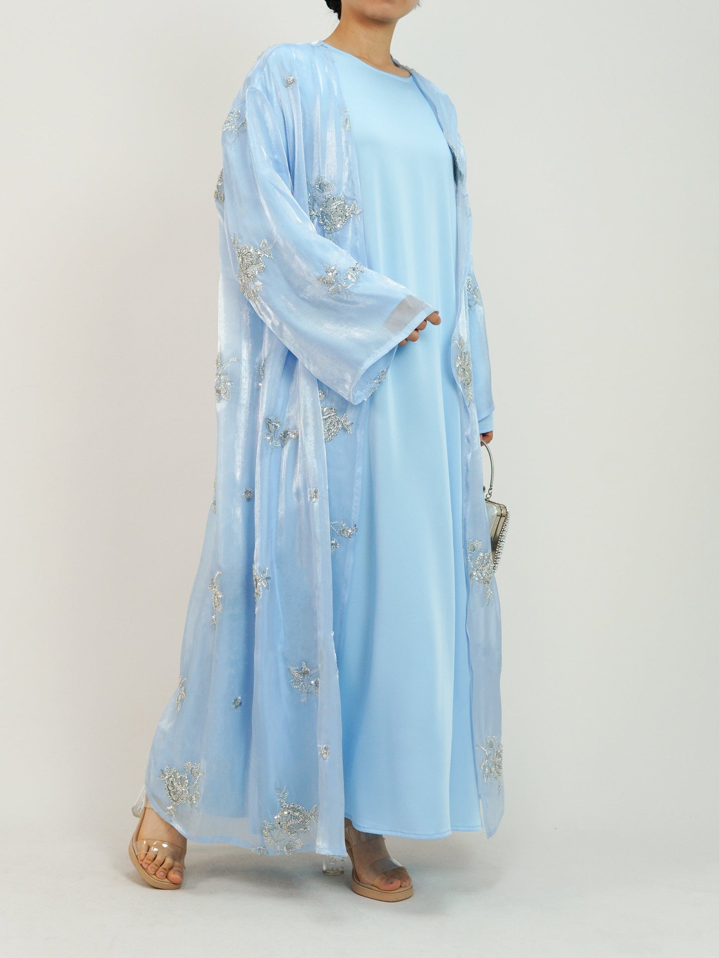 Wholesale Silver Rose Organza Beaded Embroidered Abaya Set MSL888 - OEM ODM Modest Wear Factory