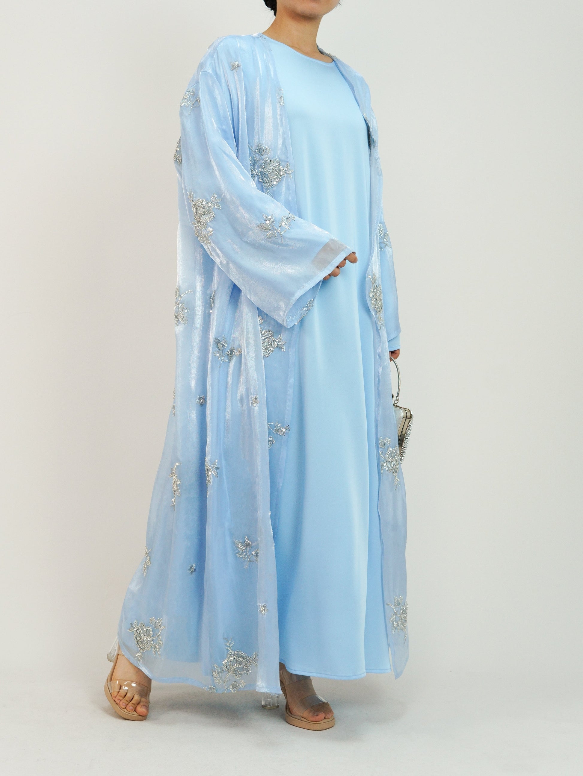 Wholesale Silver Rose Organza Beaded Embroidered Abaya Set MSL888 - OEM ODM Modest Wear Factory