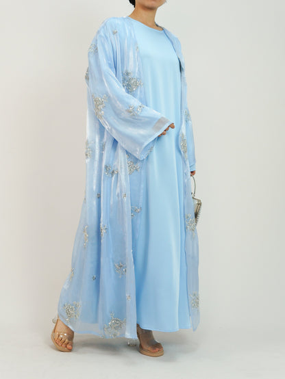 Wholesale Silver Rose Organza Beaded Embroidered Abaya Set MSL888 - OEM ODM Modest Wear Factory