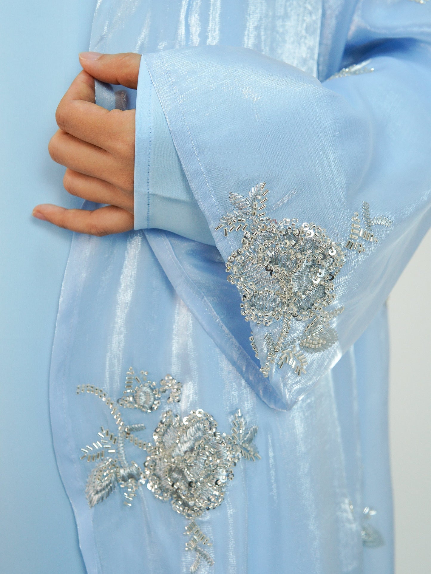 Wholesale Silver Rose Organza Beaded Embroidered Abaya Set MSL888 - OEM ODM Modest Wear Factory