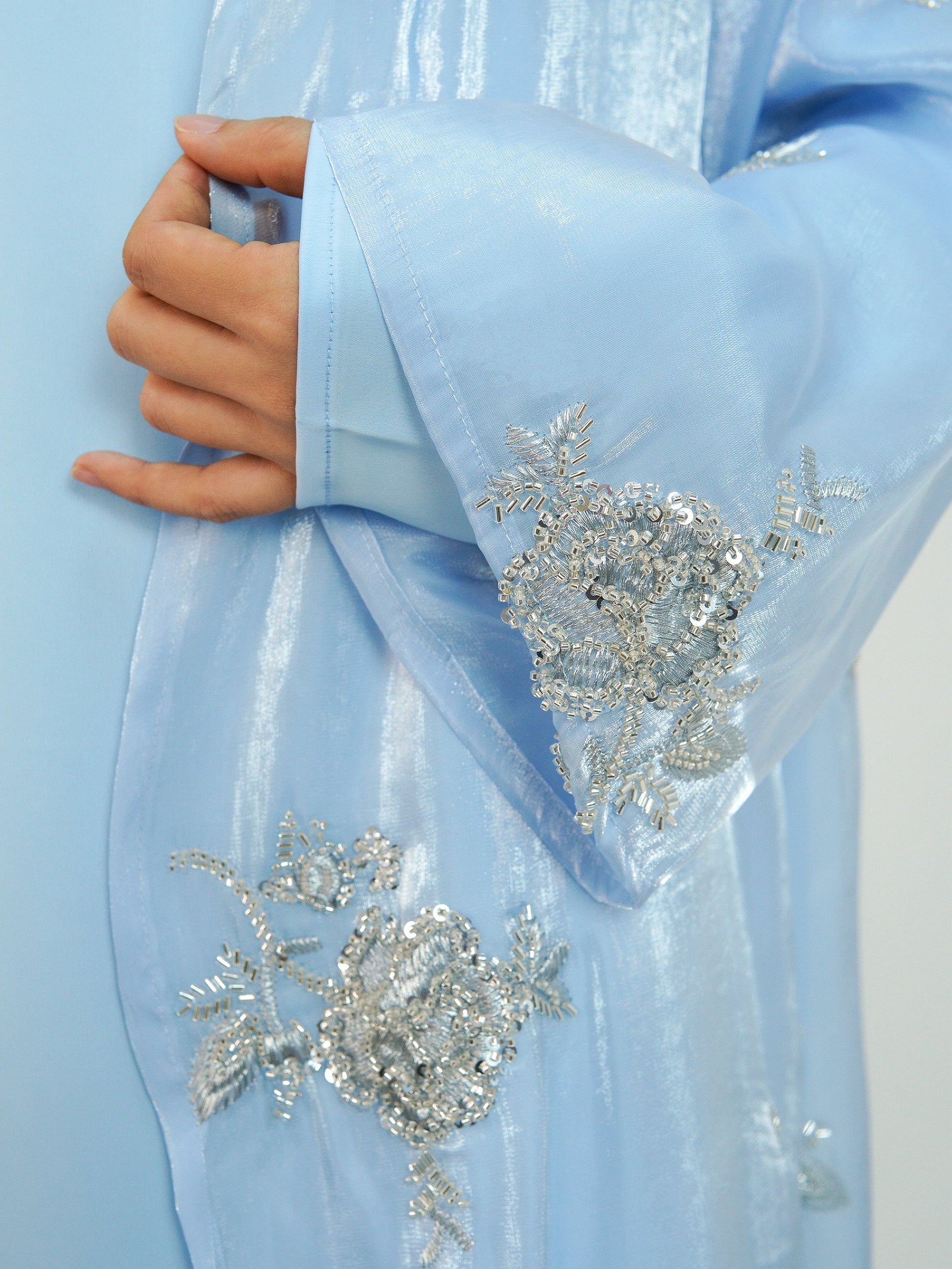 Wholesale Silver Rose Organza Beaded Embroidered Abaya Set MSL888 - OEM ODM Modest Wear Factory