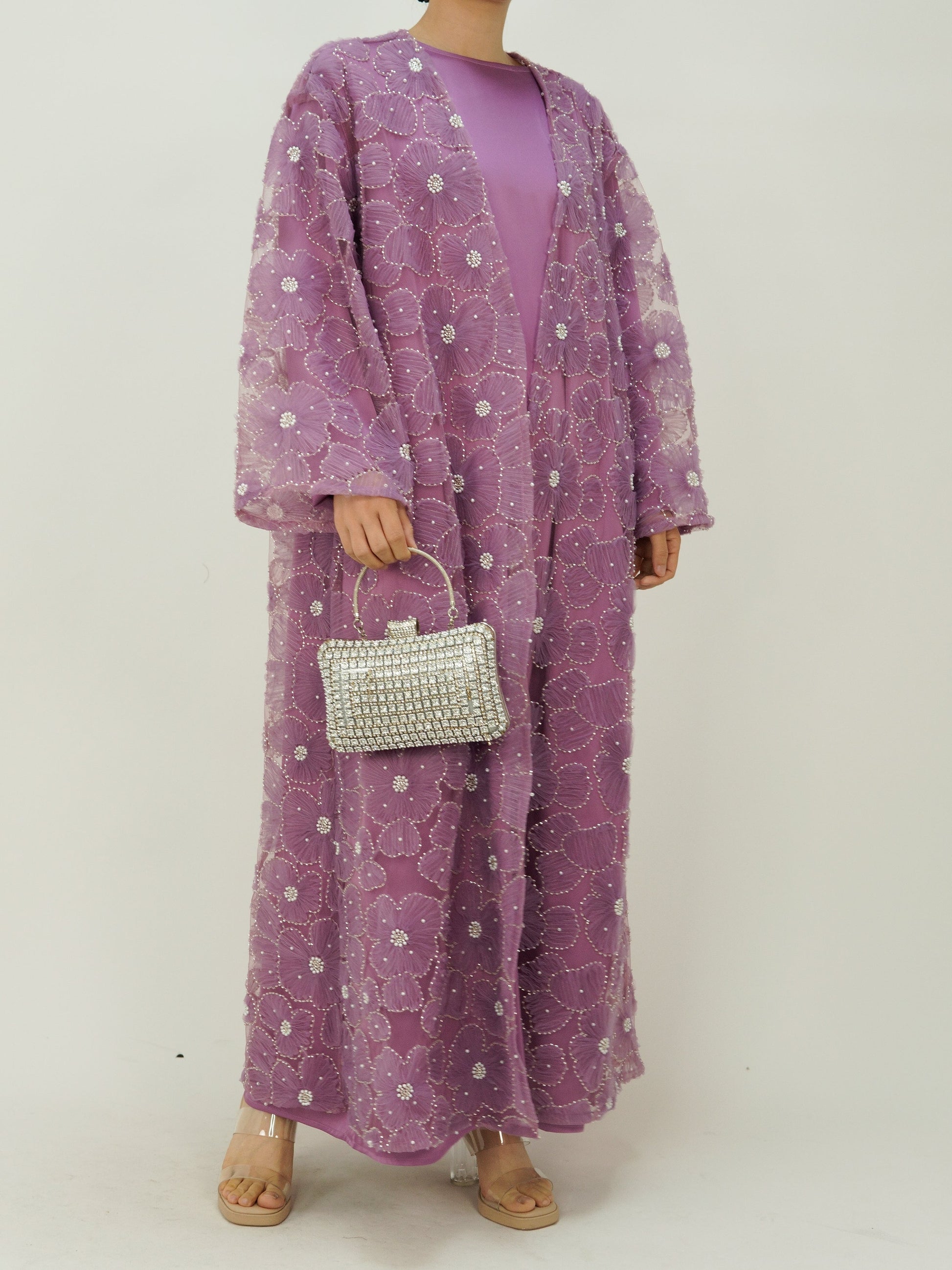 Wholesale Mesh Flower Bead Embroidered Open Abaya Set MSL881 - OEM ODM Modest Wear Factory