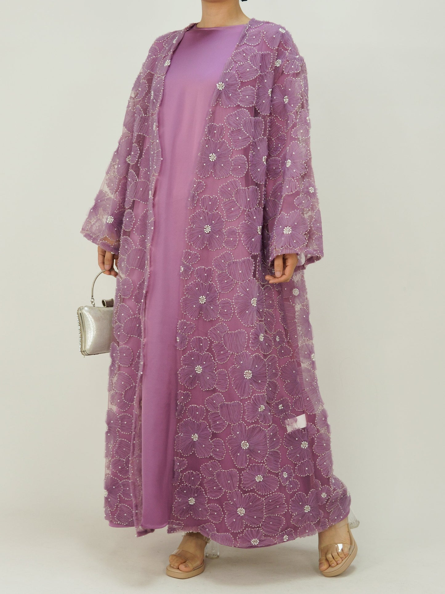Wholesale Mesh Flower Bead Embroidered Open Abaya Set MSL881 - OEM ODM Modest Wear Factory