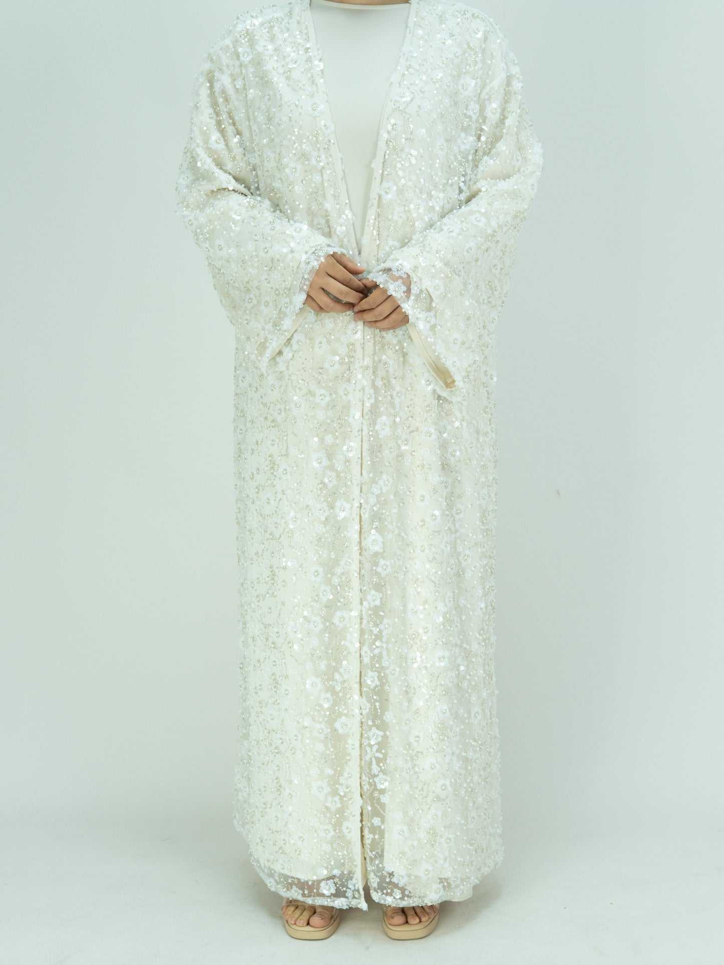 Wholesale Double Layer Beaded Sequined Flower Open Abaya Set MK2666 - OEM ODM Modest Wear Factory