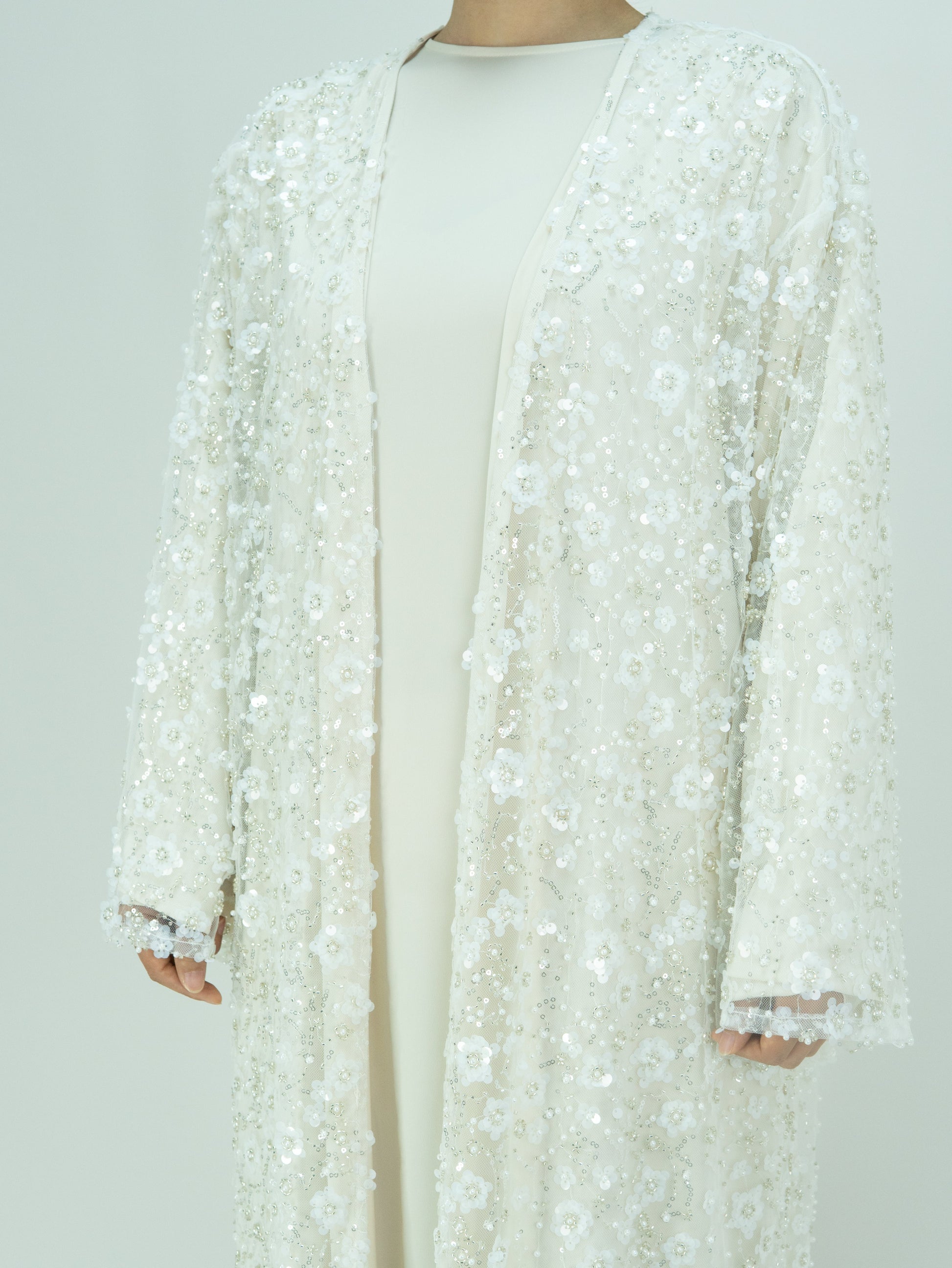 Wholesale Double Layer Beaded Sequined Flower Open Abaya Set MK2666 - OEM ODM Modest Wear Factory