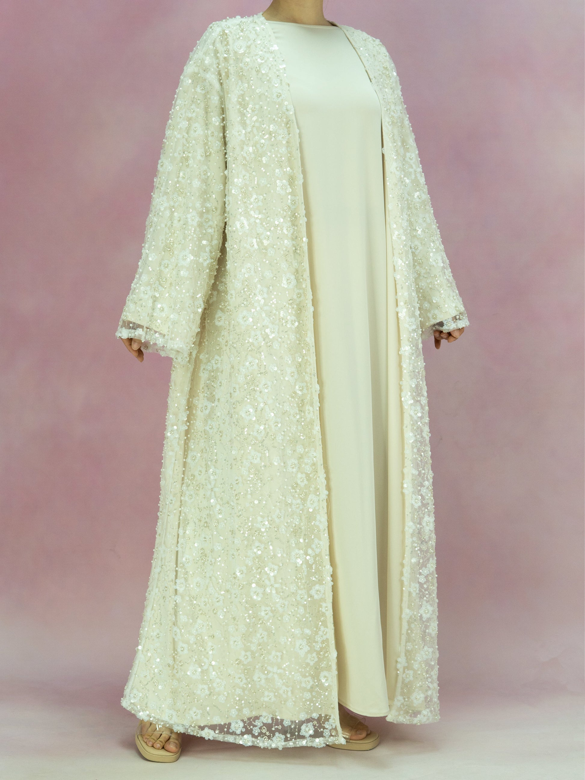 Wholesale Double Layer Beaded Sequined Flower Open Abaya Set MK2666 - OEM ODM Modest Wear Factory