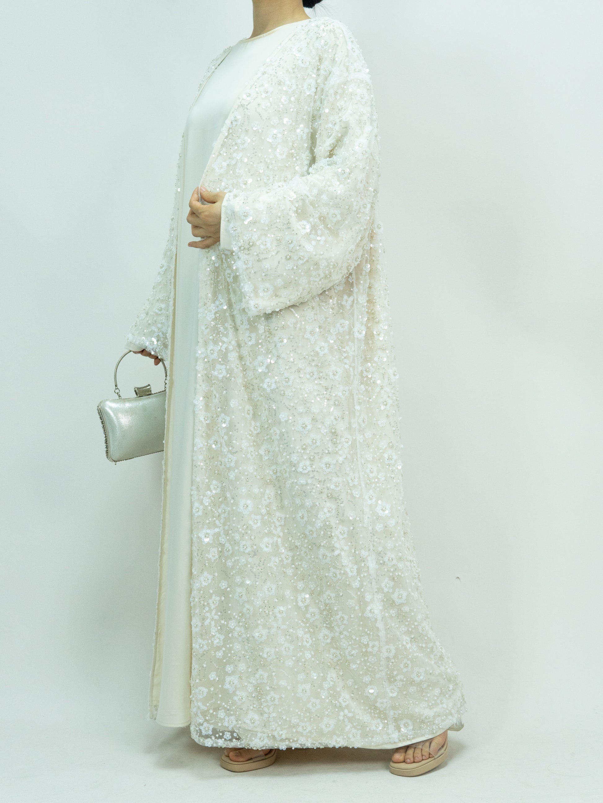 Wholesale Double Layer Beaded Sequined Flower Open Abaya Set MK2666 - OEM ODM Modest Wear Factory
