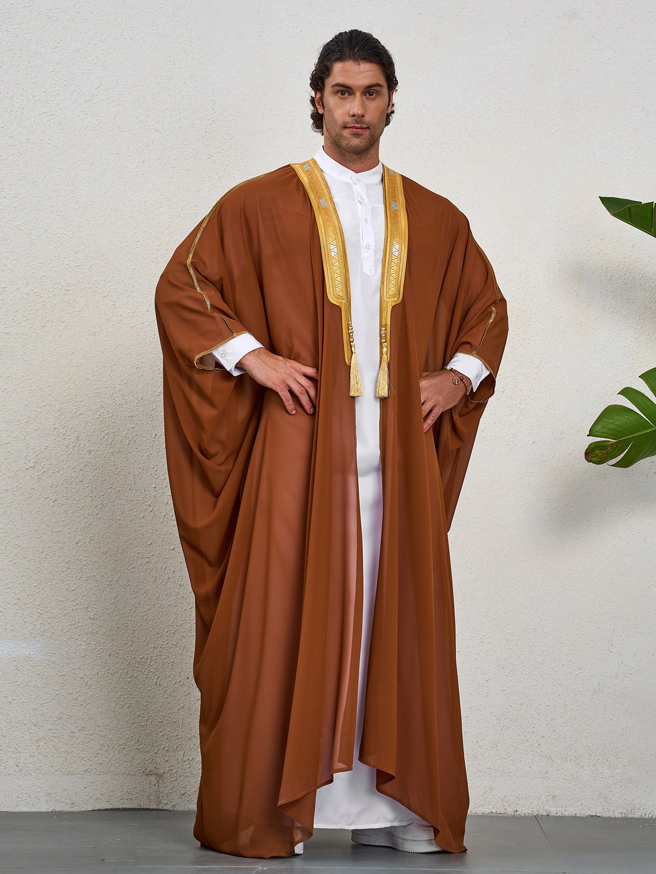 Ramadan Thobe Men's Embroidered Contrast Color Long-sleeved Cape Robe, Men's Abaya Burqa MSL162