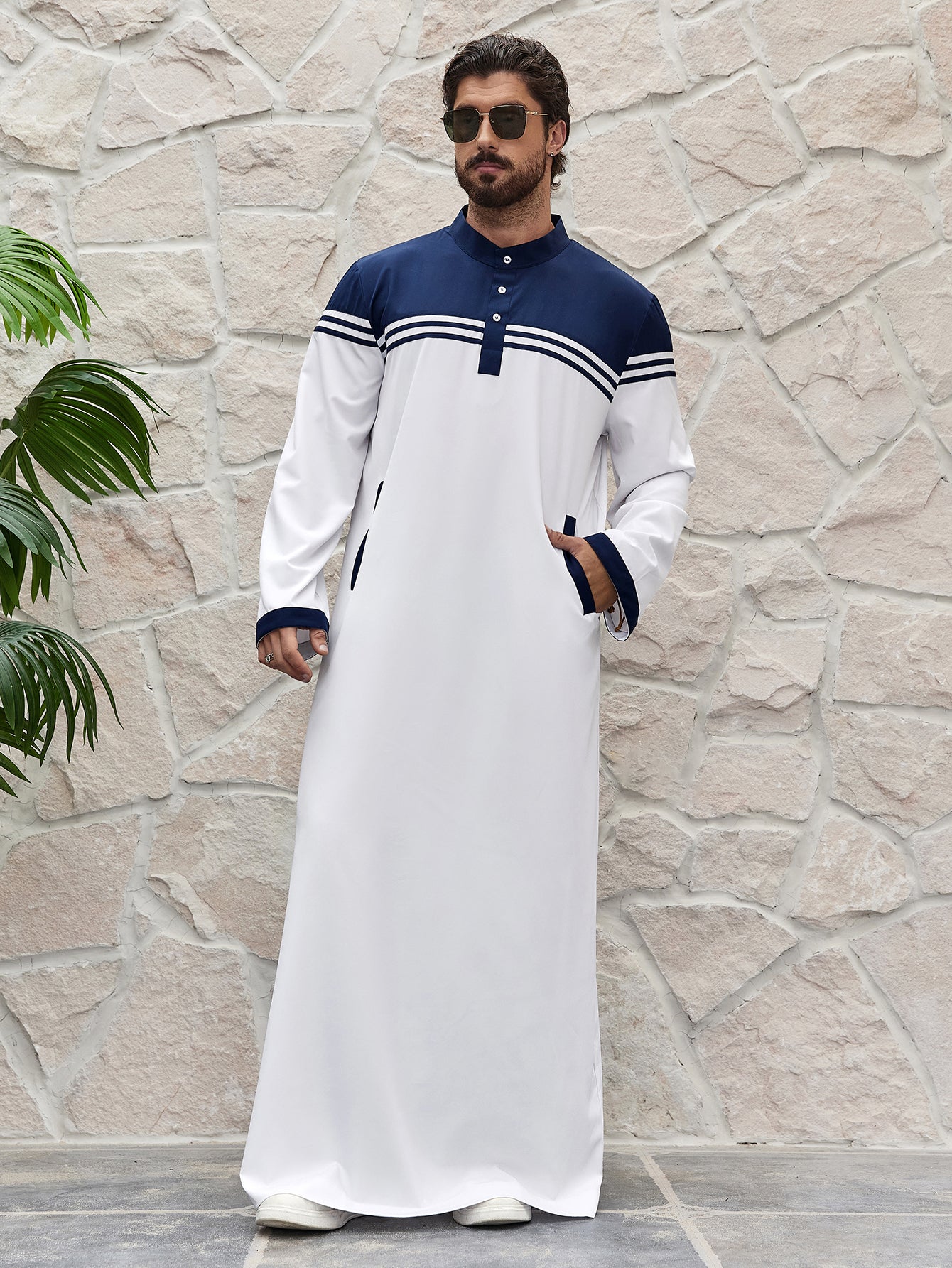 Islam Ramadan Color Blocked Men's Traditional Muslim Thobe, Ramadan Style Islamic Long Gown Shirt Robe, Middle Eastern Fashion MSL177