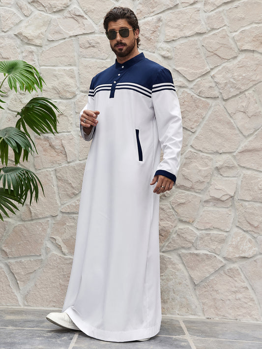 Islam Ramadan Color Blocked Men's Traditional Muslim Thobe, Ramadan Style Islamic Long Gown Shirt Robe, Middle Eastern Fashion MSL177