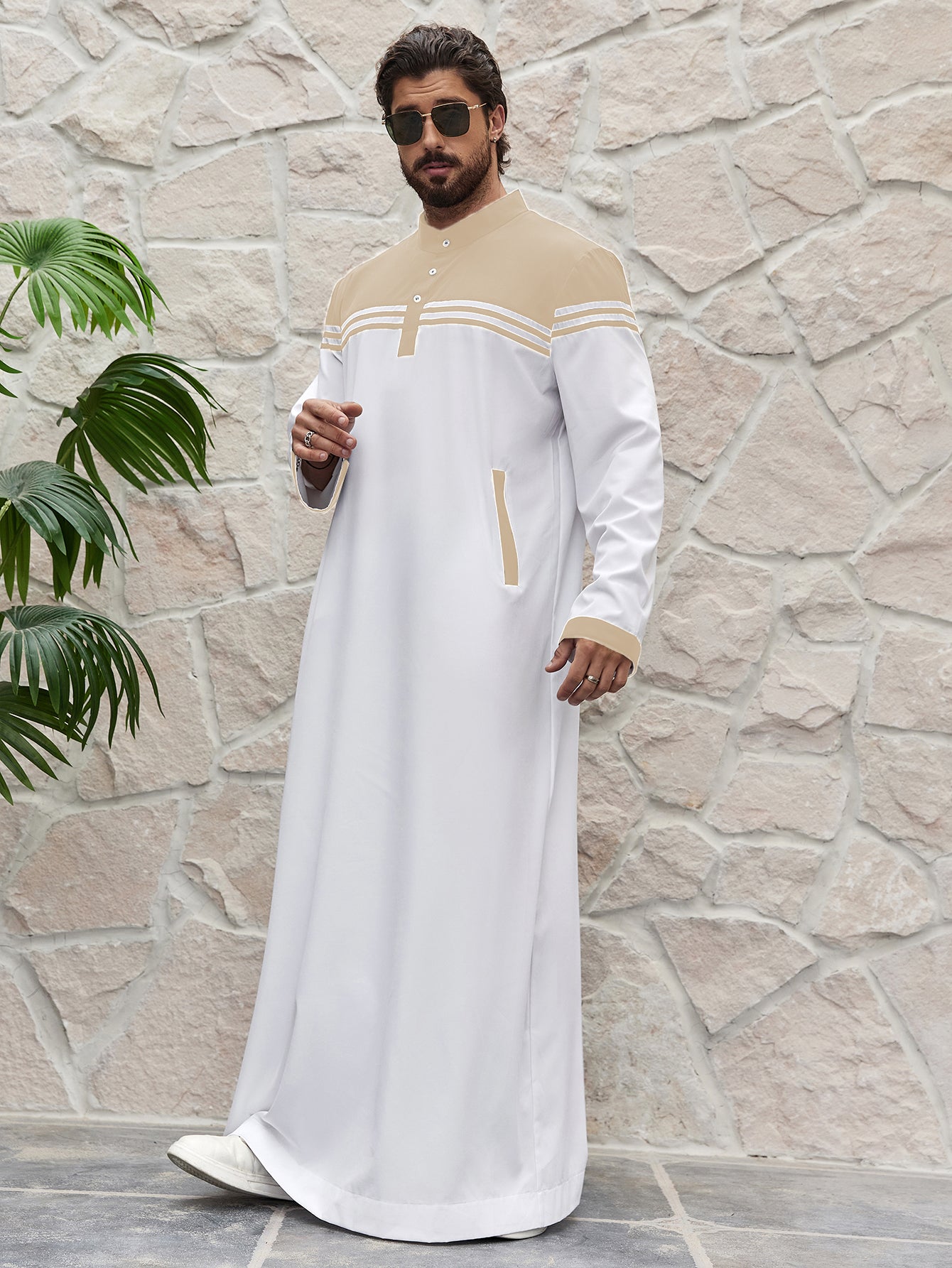 Islam Ramadan Color Blocked Men's Traditional Muslim Thobe, Ramadan Style Islamic Long Gown Shirt Robe, Middle Eastern Fashion MSL177