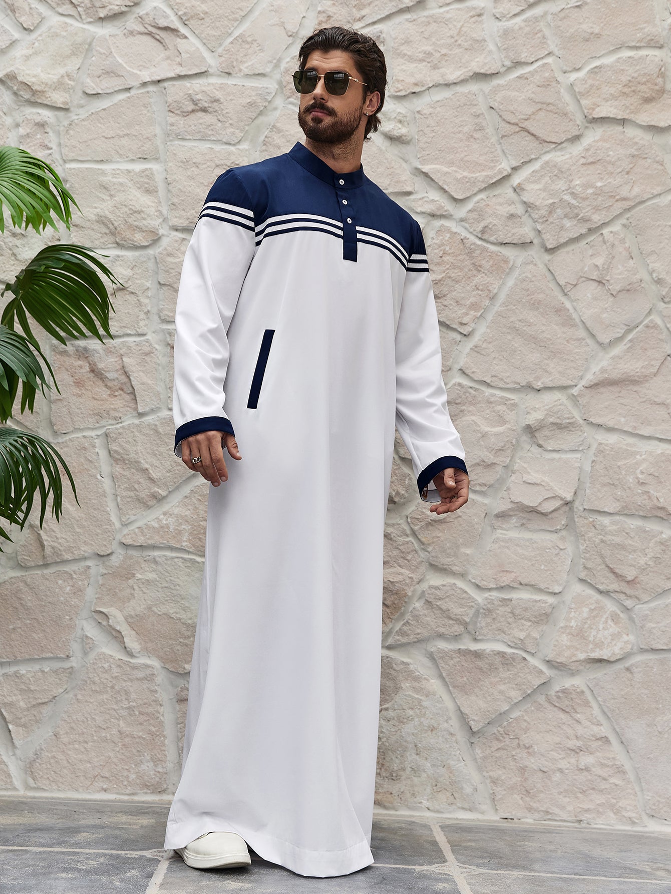 Islam Ramadan Color Blocked Men's Traditional Muslim Thobe, Ramadan Style Islamic Long Gown Shirt Robe, Middle Eastern Fashion MSL177