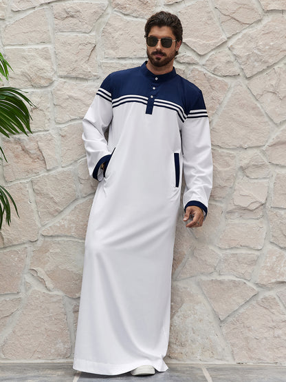 Islam Ramadan Color Blocked Men's Traditional Muslim Thobe, Ramadan Style Islamic Long Gown Shirt Robe, Middle Eastern Fashion MSL177