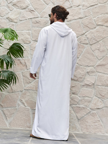 Ramadan Men's Solid Hooded Muslim Thobe, Islamic Long Gown Shirt Robe, Middle Eastern Fashion Abaya Muslim Men Clothing MSL198