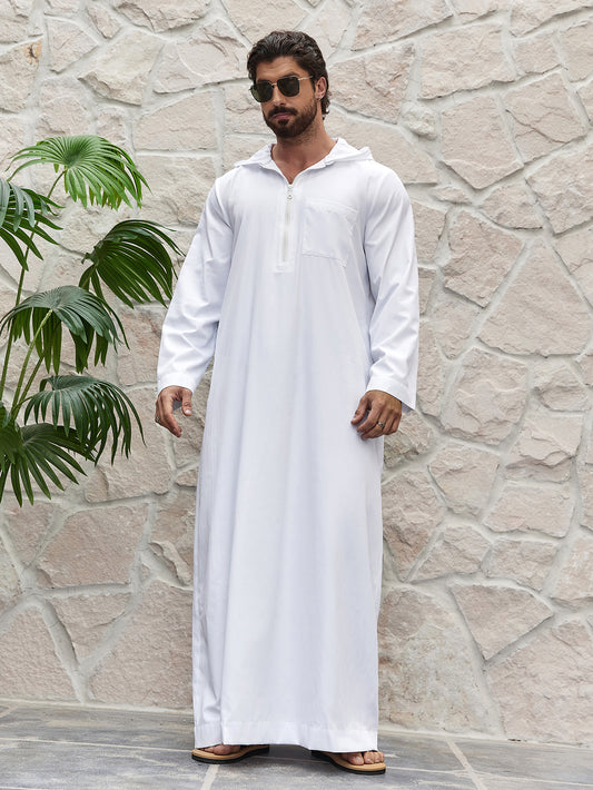 Ramadan Men's Solid Hooded Muslim Thobe, Islamic Long Gown Shirt Robe, Middle Eastern Fashion Abaya Muslim Men Clothing MSL198