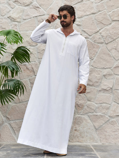 Ramadan Men's Solid Hooded Muslim Thobe, Islamic Long Gown Shirt Robe, Middle Eastern Fashion Abaya Muslim Men Clothing MSL198