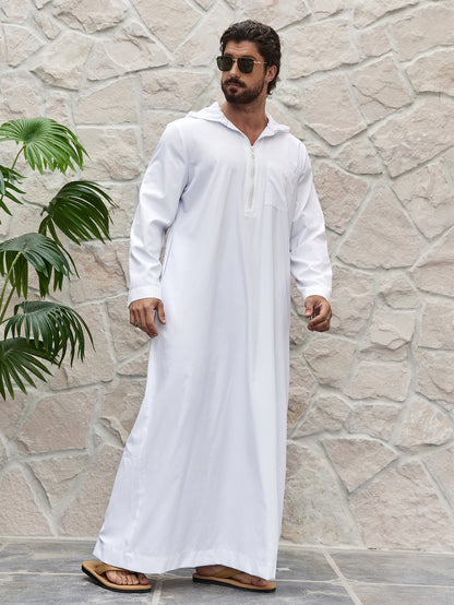 Ramadan Men's Solid Hooded Muslim Thobe, Islamic Long Gown Shirt Robe, Middle Eastern Fashion Abaya Muslim Men Clothing MSL198