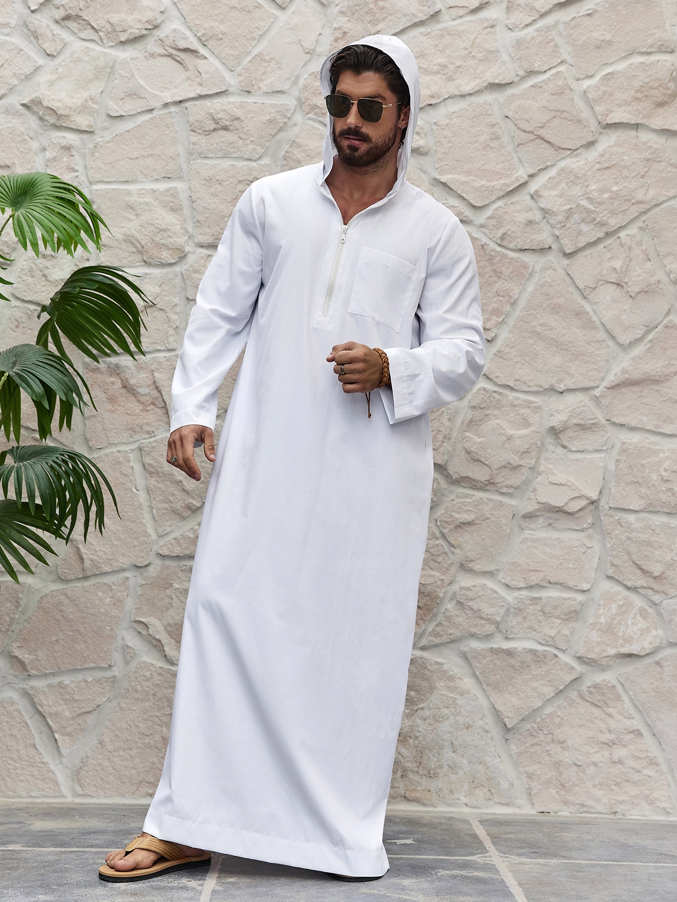 Ramadan Men's Solid Hooded Muslim Thobe, Islamic Long Gown Shirt Robe, Middle Eastern Fashion Abaya Muslim Men Clothing MSL198