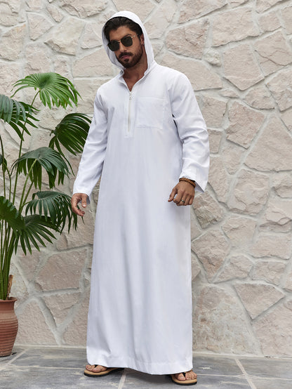 Ramadan Men's Solid Hooded Muslim Thobe, Islamic Long Gown Shirt Robe, Middle Eastern Fashion Abaya Muslim Men Clothing MSL198