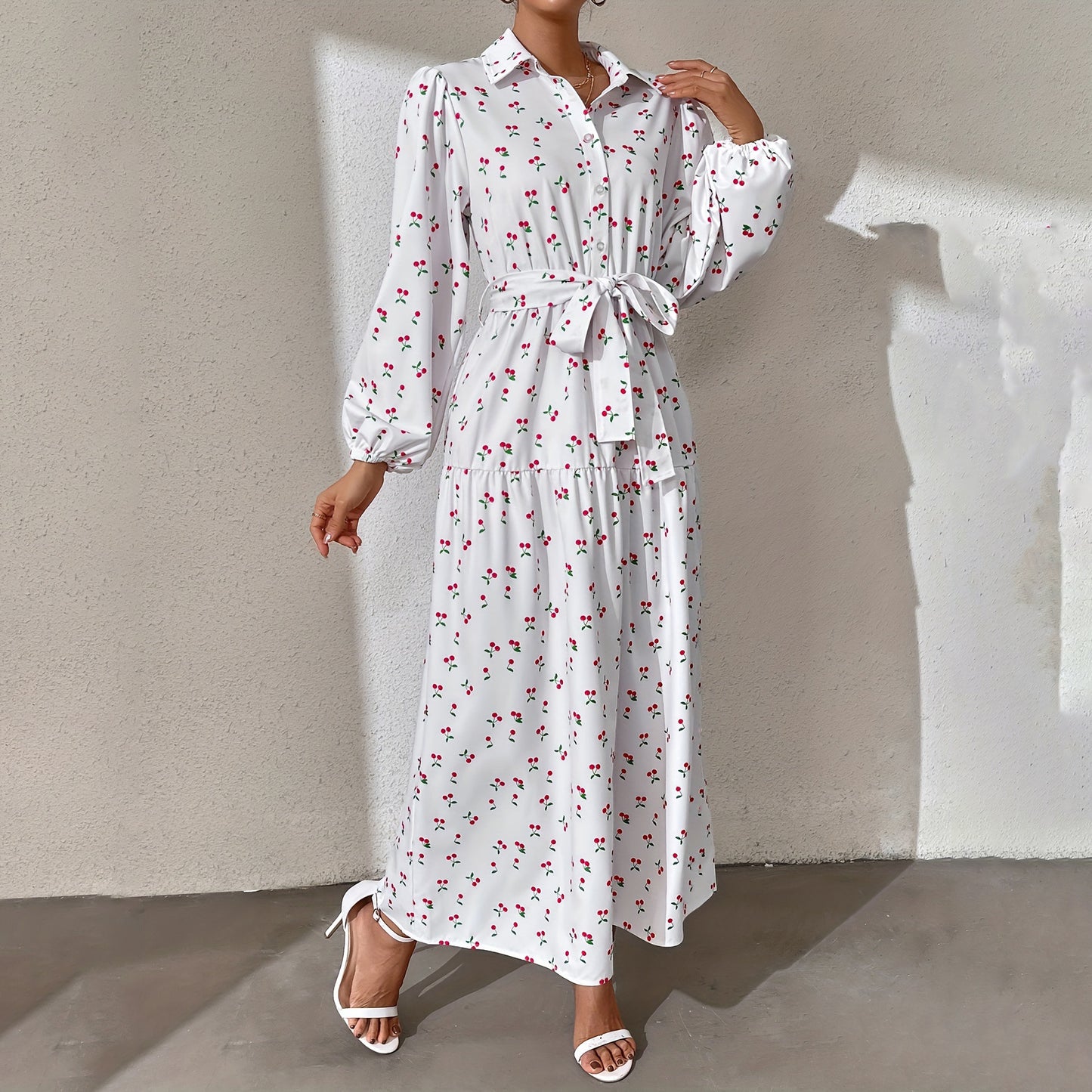 Ramadan Abaya Floral Print Button Front Dress, Casual Lantern Sleeve Dress For Spring & Fall, Women's Clothing Kebaya Kaftan MSL152