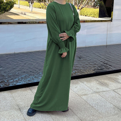 Ramadan Solid Crew Neck Shirred Cuff Abaya, Elegant Long Sleeve Simple Maxi Dress, Women's Clothing Kebaya Kaftan MSL130