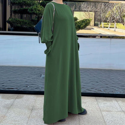 Ramadan Solid Crew Neck Shirred Cuff Abaya, Elegant Long Sleeve Simple Maxi Dress, Women's Clothing Kebaya Kaftan MSL130