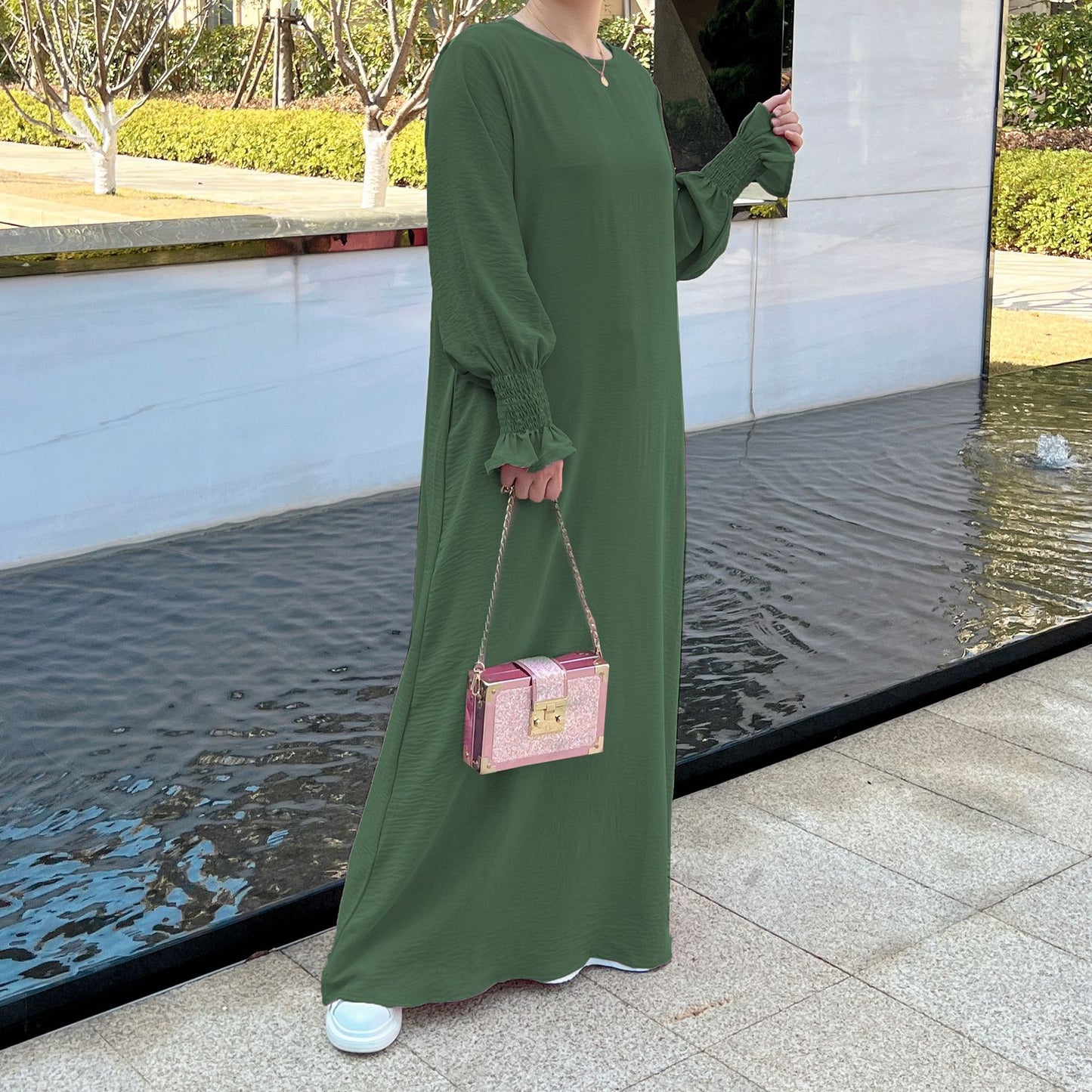 Ramadan Solid Crew Neck Shirred Cuff Abaya, Elegant Long Sleeve Simple Maxi Dress, Women's Clothing Kebaya Kaftan MSL130