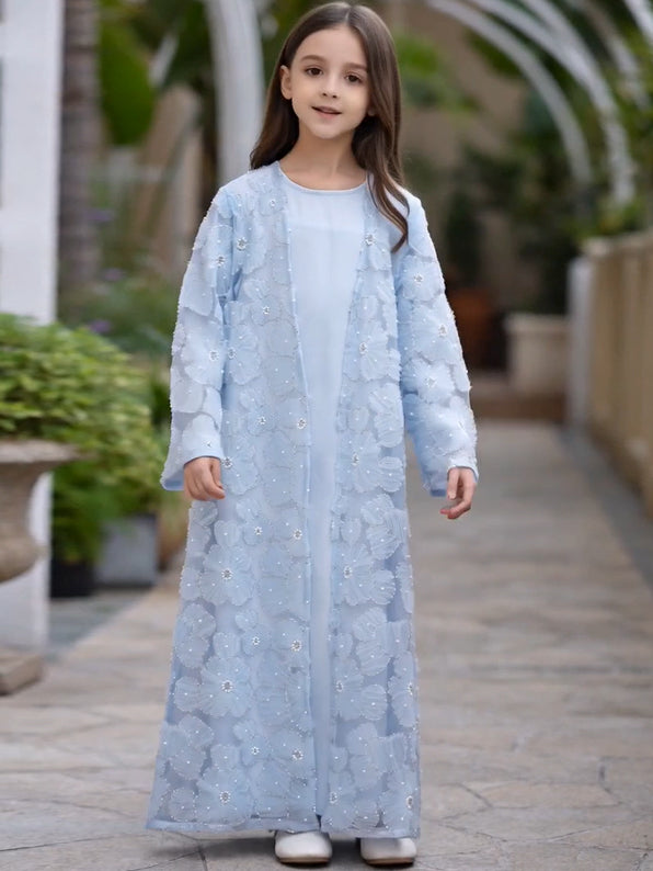 Wholesale Girls Mesh Flower Bead Embroidered Abaya Set MK2653 - OEM ODM Modest Wear Factory