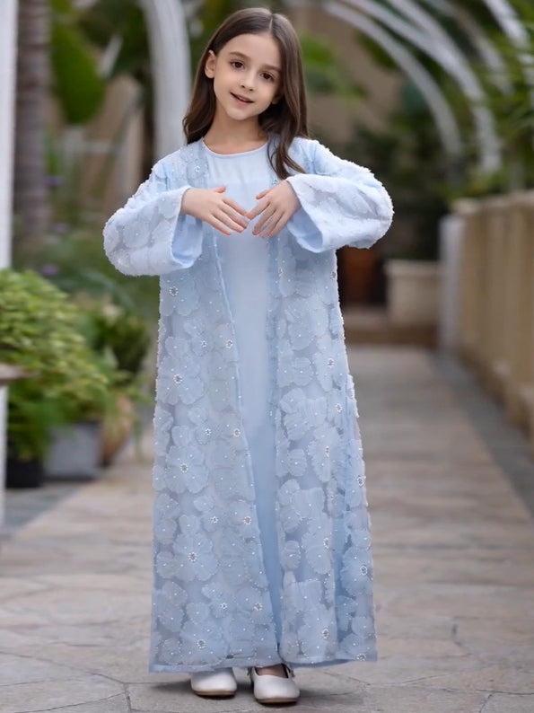 Wholesale Girls Mesh Flower Bead Embroidered Abaya Set MK2653 - OEM ODM Modest Wear Factory