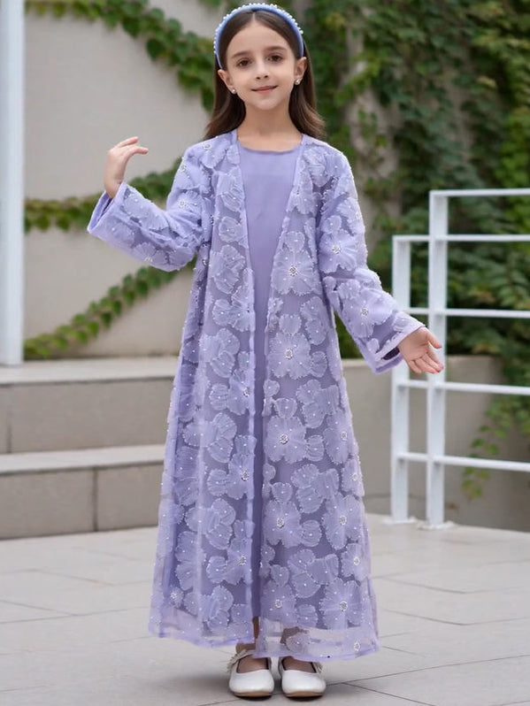 Wholesale Girls Mesh Flower Bead Embroidered Abaya Set MK2653 - OEM ODM Modest Wear Factory