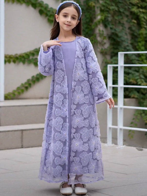 Wholesale Girls Mesh Flower Bead Embroidered Abaya Set MK2653 - OEM ODM Modest Wear Factory