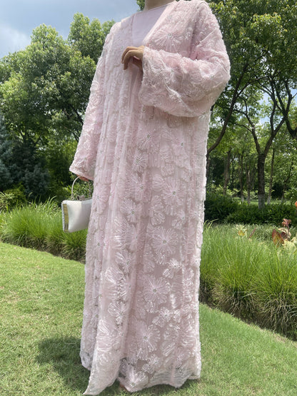 Wholesale Mesh Flower Bead Embroidered Open Abaya Set MSL881 - OEM ODM Modest Wear Factory