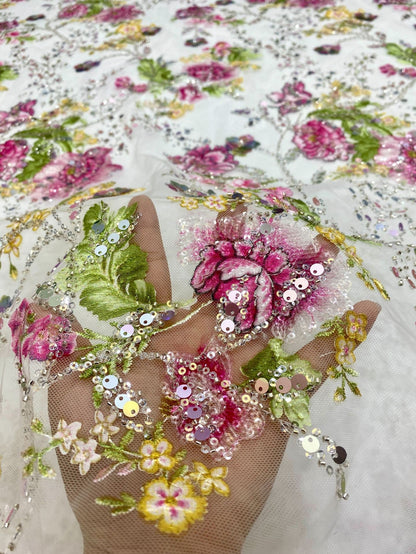 Close-up floral embroidery sequins and beads on mesh fabric for luxury dress wholesale