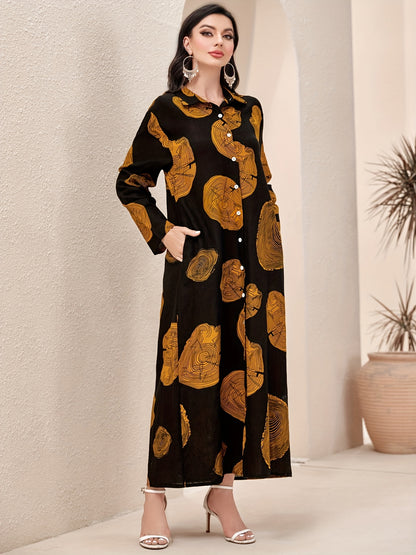 baju raya Graphic Print Button Front baju kurung Kaftan Dress, Elegant Long Sleeve Maxi Length Dress, Women's Clothing MSL51