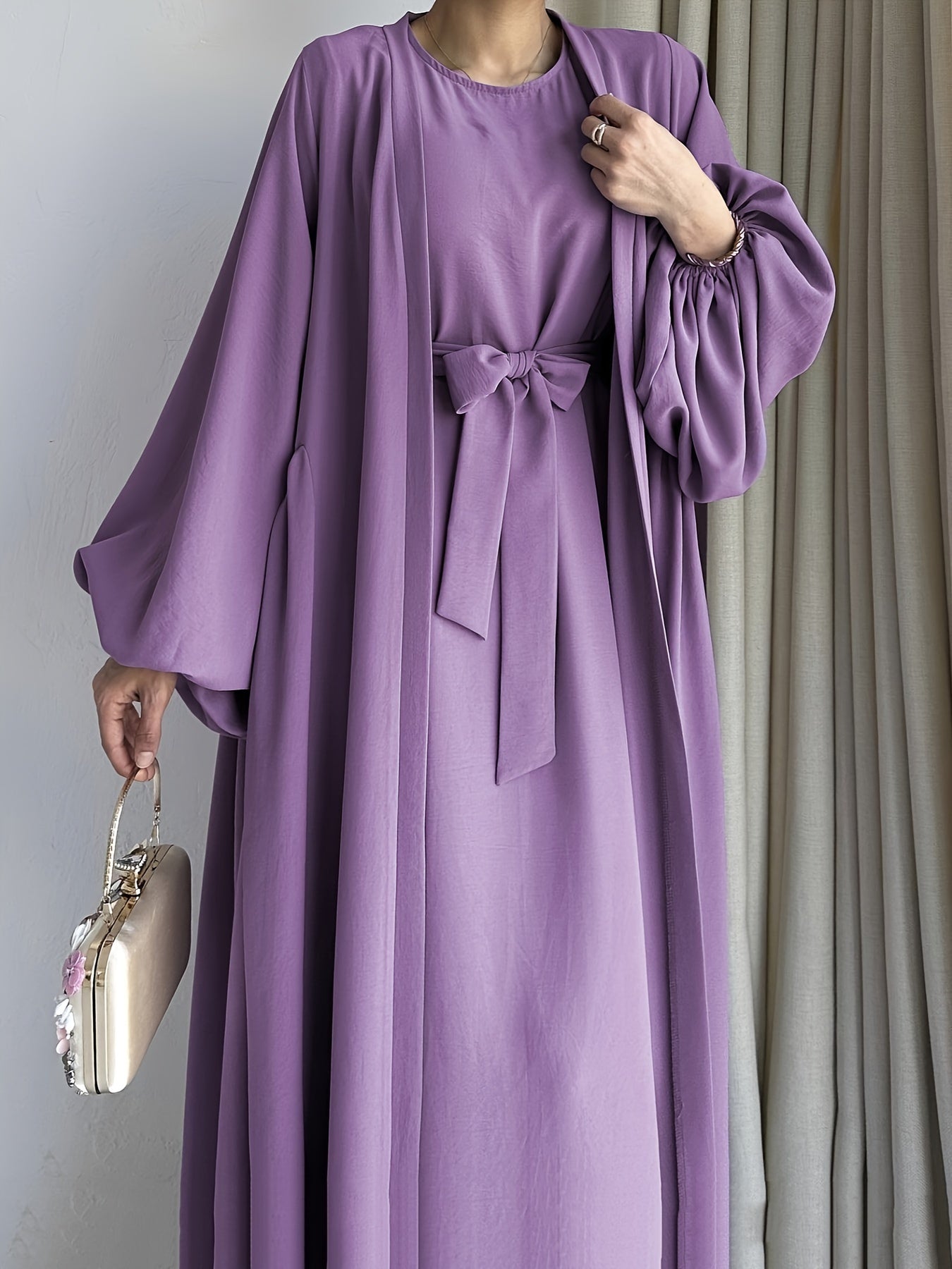 Abaya Ramadan Elegant Solid Two-piece Set Dress, Open Front Coverup & Tie Waist Abayas Outfits, Islam Women's Clothing Kaftan MSL39