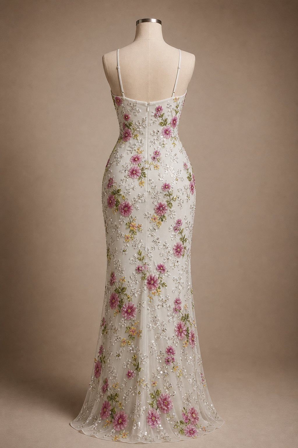 Custom women floral embroidered luxury dress back view with slim straps and zipper