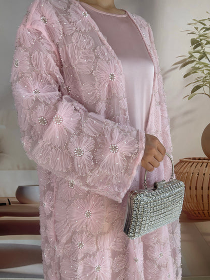 Wholesale Mesh Flower Bead Embroidered Open Abaya Set MSL881 - OEM ODM Modest Wear Factory