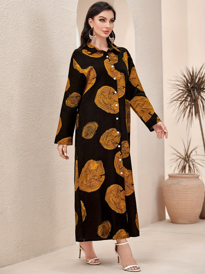 baju raya Graphic Print Button Front baju kurung Kaftan Dress, Elegant Long Sleeve Maxi Length Dress, Women's Clothing MSL51