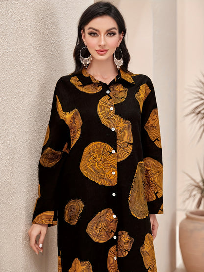 baju raya Graphic Print Button Front baju kurung Kaftan Dress, Elegant Long Sleeve Maxi Length Dress, Women's Clothing MSL51