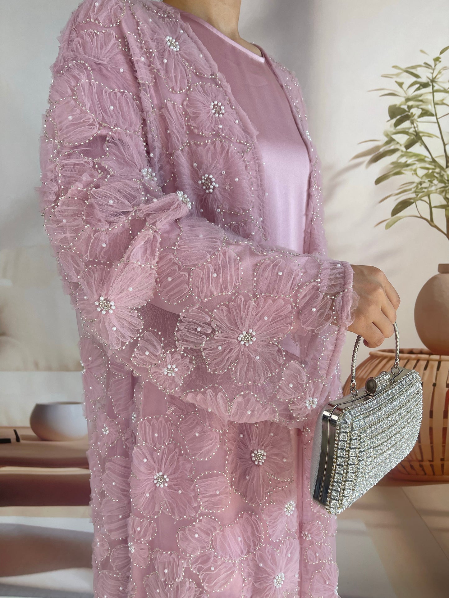Wholesale Mesh Flower Bead Embroidered Open Abaya Set MSL881 - OEM ODM Modest Wear Factory