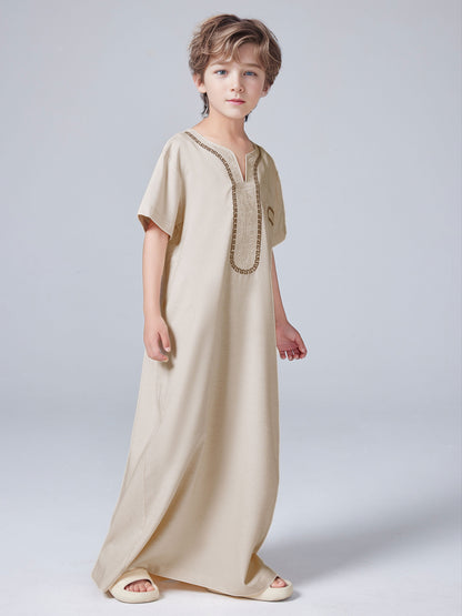 Boys Middle Eastern Traditional Thobe - Loose Fit V-neck Summer Casual Boys Kaftan MSL208